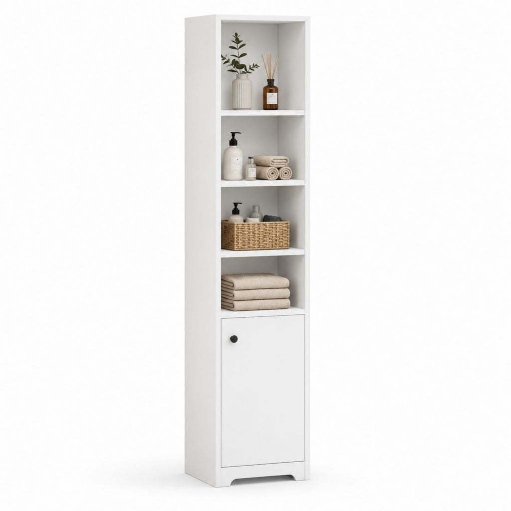 Colonna bagno bianca in MDF rettangolare con 4 ripiani aperti e anta 40 x 30 x 180 cm