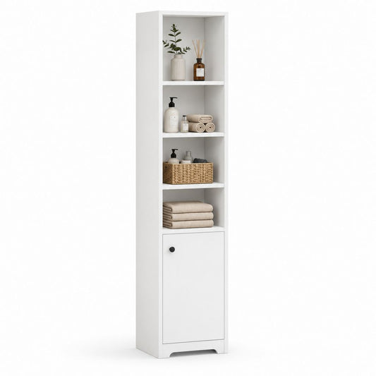 Colonna bagno bianca in MDF rettangolare con 4 ripiani aperti e anta 40 x 30 x 180 cm
