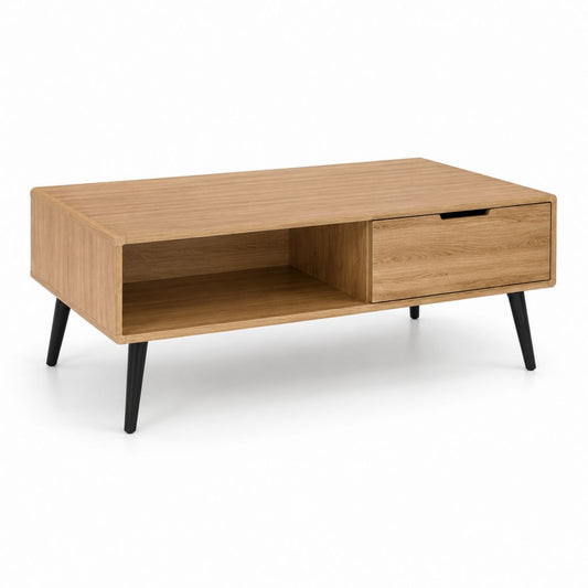 Tavolino da caffè rettangolare rovere e nero in MDF impiallacciato con cassetto e vano 100 × 60 × 45 cm
