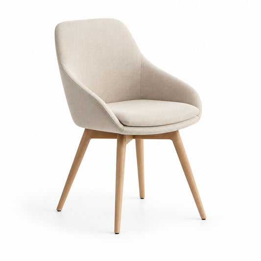 Sedia da pranzo imbottita sagomata beige in poliestere con gambe in legno massello 58 x 60 x 82 cm