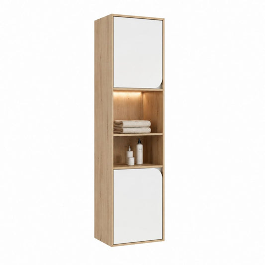 Colonna bagno 40 x 35 x 160 cm in pannello truciolare rovere chiaro e bianco con ante e ripiani