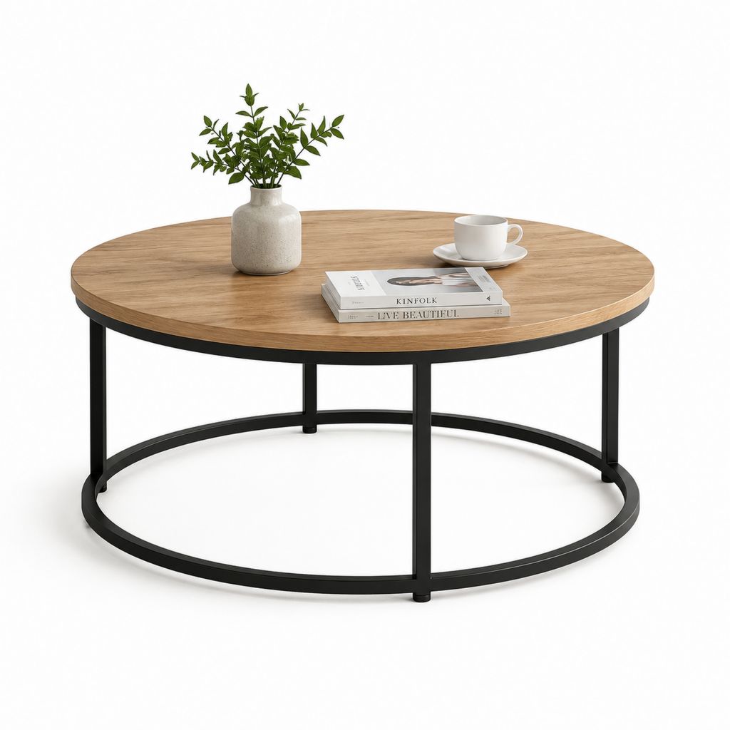 Tavolino da caffè rotondo marrone in MDF impiallacciato rovere con base in acciaio nero Ø100 x 45 cm