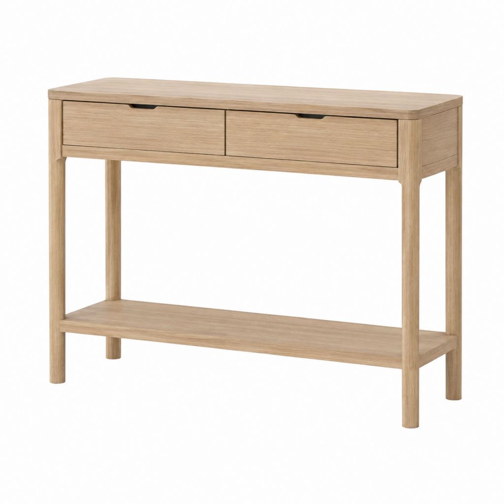 Consolle da ingresso rovere chiaro in legno massello con 2 cassetti e ripiano 120 x 35 x 80 cm