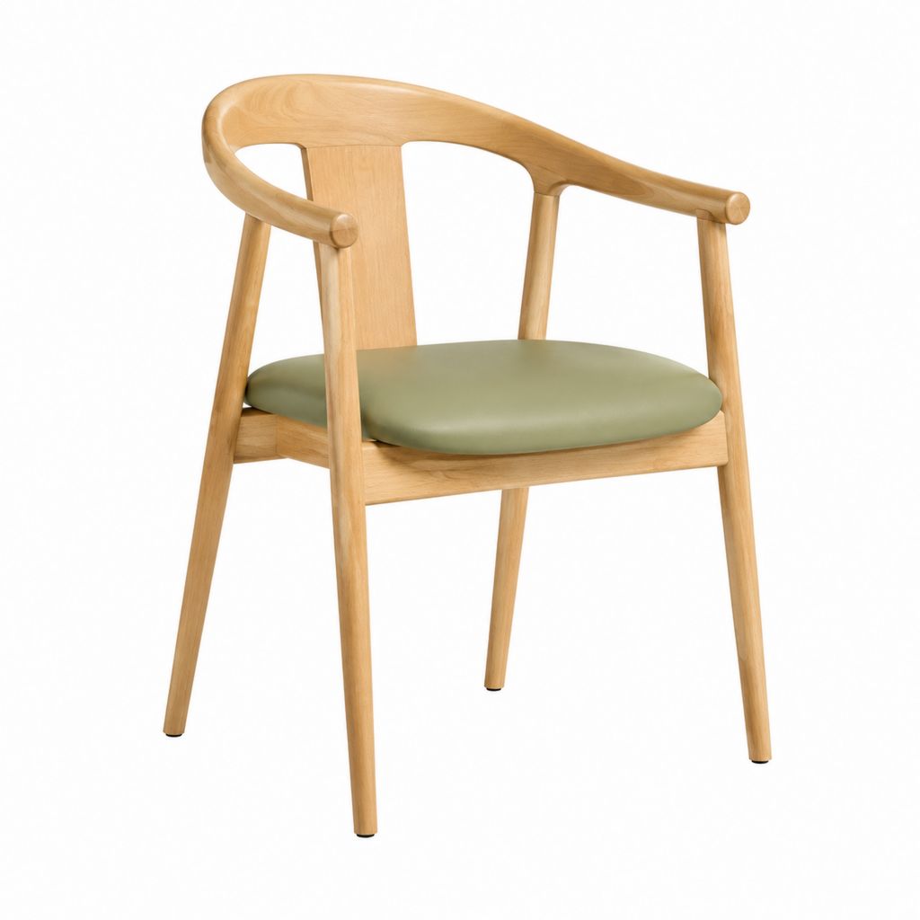 Sedia da pranzo con braccioli verde oliva e naturale in faggio massello e PU con seduta arrotondata 54 x 56 x 76 cm