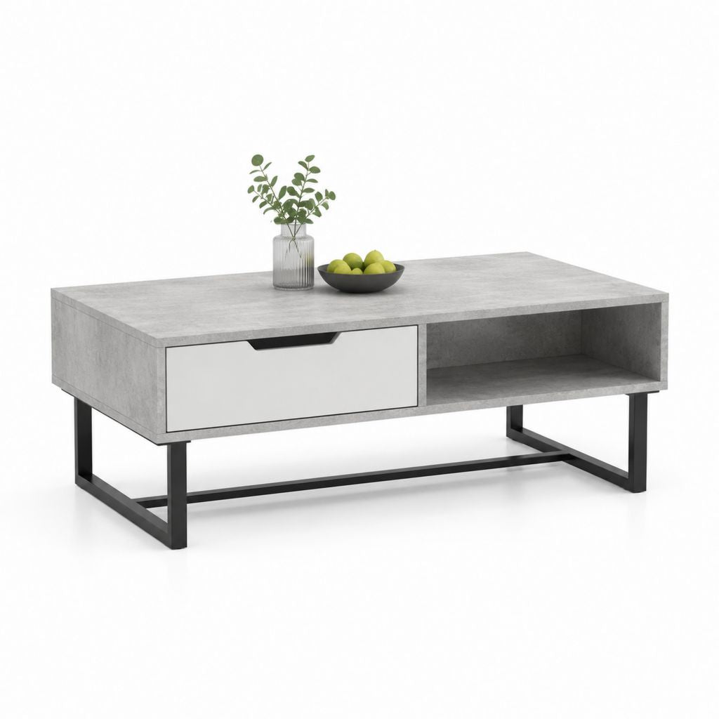 Tavolino da caffè rettangolare grigio effetto cemento in pannello truciolare e acciaio 100 x 60 x 45 cm