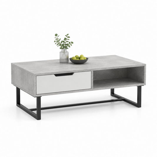 Tavolino da caffè rettangolare grigio effetto cemento in pannello truciolare e acciaio 100 x 60 x 45 cm