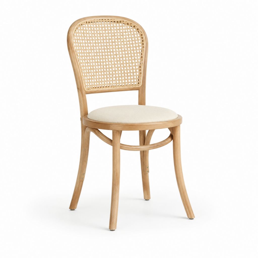 Sedia da pranzo in legno massello naturale con schienale in rattan e seduta imbottita 46 x 52 x 88 cm