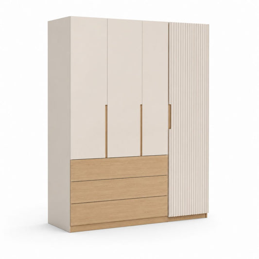 Armadio guardaroba 4 ante con 3 cassetti beige e rovere in pannelli truciolari 180 x 60 x 240 cm