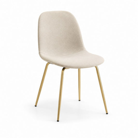 Sedia da pranzo imbottita beige in poliestere con schienale curvo e gambe in acciaio dorato 48 x 56 x 83 cm