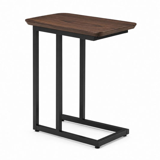 Tavolino laterale a C marrone e nero in MDF impiallacciato e acciaio 60 x 35 x 65 cm