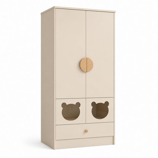Armadio per cameretta bambini crema in MDF con 2 ante 1 cassetto e vani a forma di orsetto 80 x 45 x 180 cm